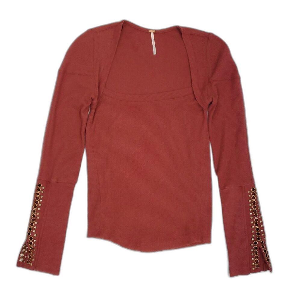 Free People Y2K Waffle Knit Thermal Top Studded Red S Grunge Elena Gilbert Punk